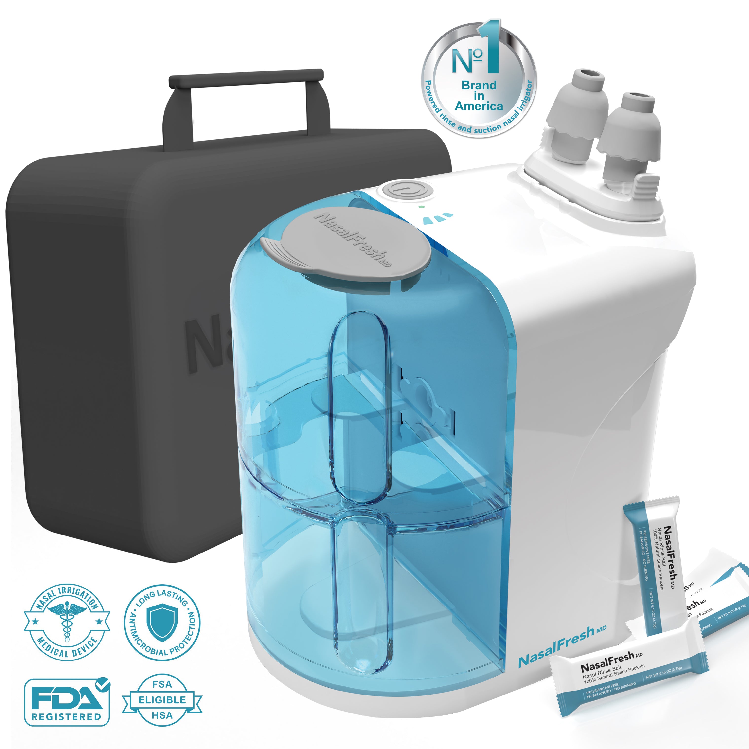 Nasal irrigation device with blue water tank, carrying case, and packets.