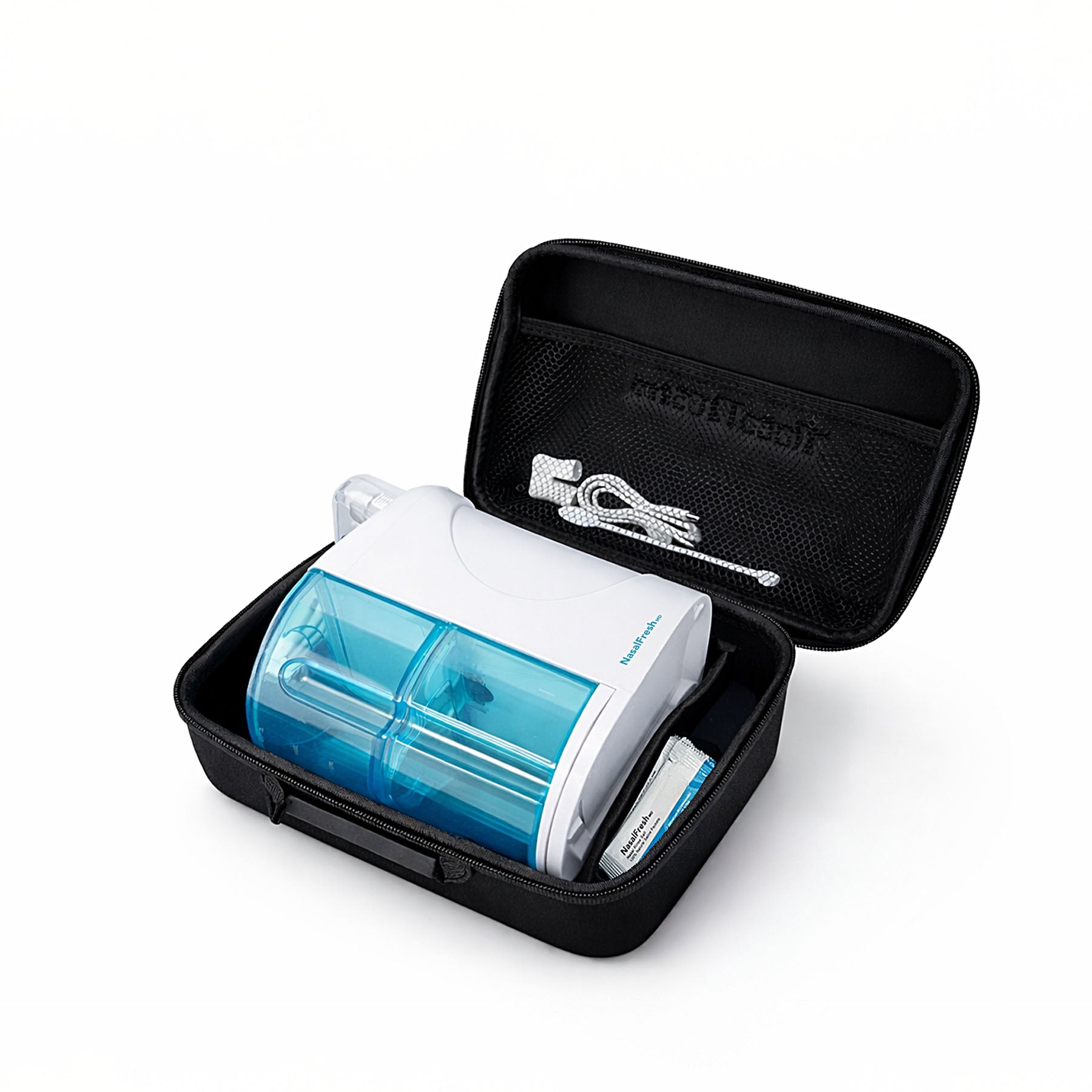 Blue and white device in a black carrying case on a white background