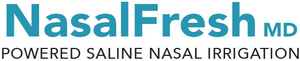 Text logo: 'NasalFresh MD, Powered Saline Nasal Irrigation' in blue and black text.