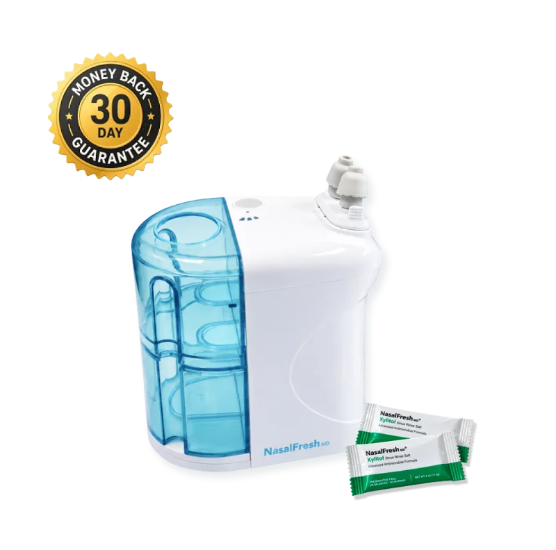 NasalFresh MD with Extra-Strength Xylitol rinse packets, backed by a 30-day money-back guarantee