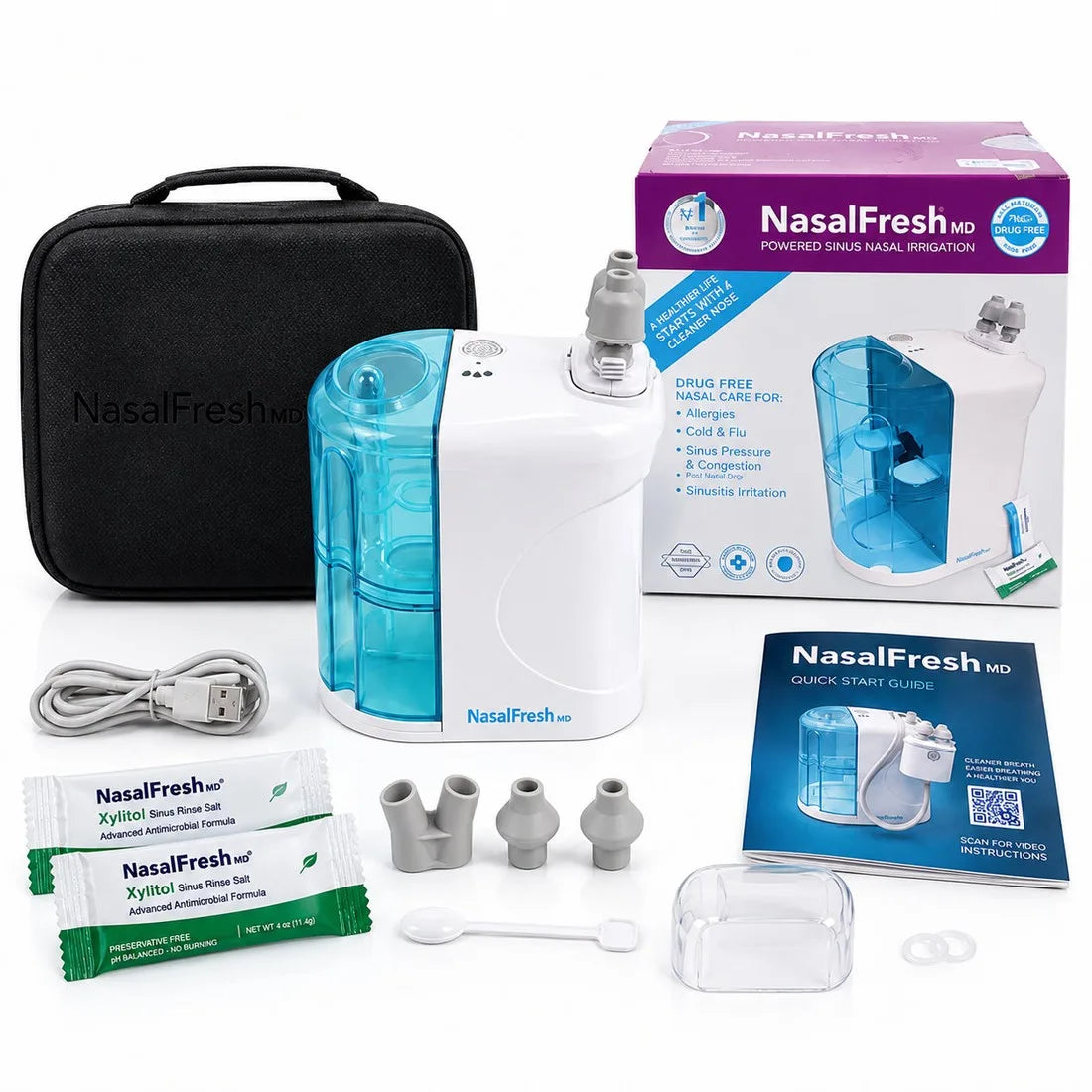 Everything included in the NasalFresh MD kit: device, Extra-Strength Xylitol rinse packets, nasal pillows, USB charging cord, countertop dock, travel case and quick-start guide