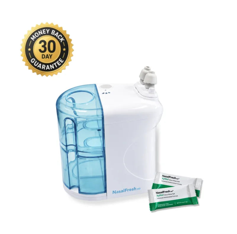 NasalFresh MD with Xylitol saline rinse packets, backed by a 30-day money-back guarantee